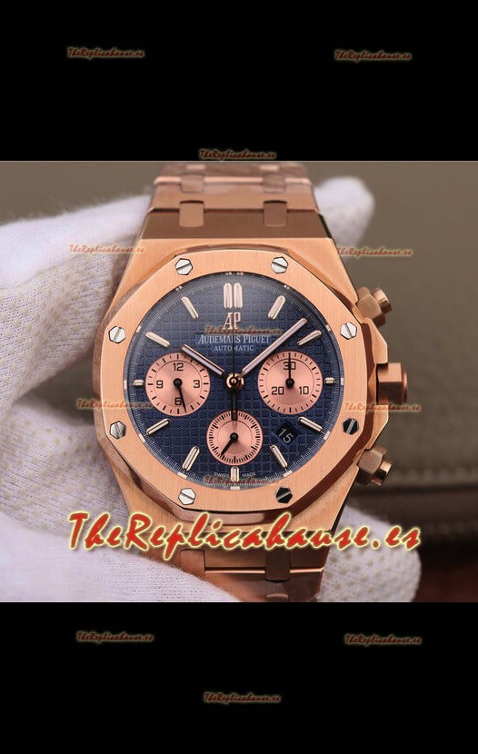 Audemars Piguet Royal Oak Reloj Réplica Suizo a espejo 1:1 Cronógrafo en Acero 904L chapado en Oro Rosado, Dial Azul