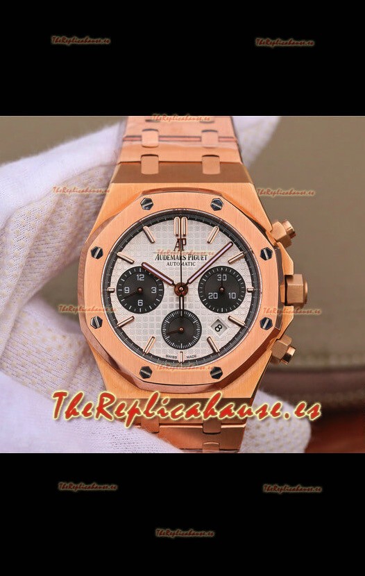 Audemars Piguet Royal Oak Reloj Réplica Suizo a espejo 1:1 Cronógrafo en Acero 904L chapado en Oro Rosado, Dial Blanco