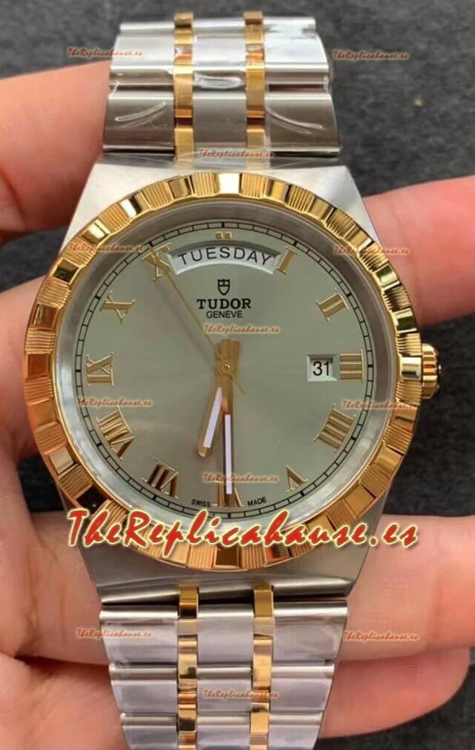 Tudor Reloj Edición Royal - Réplica Espejo 1:1 en Caja en Dos Tonos - Dial Romano Gris