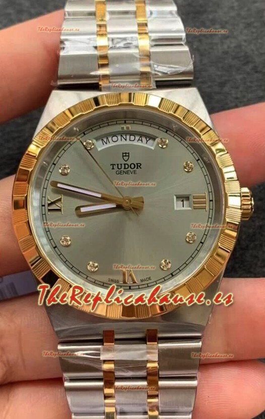 Tudor Reloj Edición Royal - Réplica Espejo 1:1 en Caja en Dos Tonos - Dial Diamantes Gris