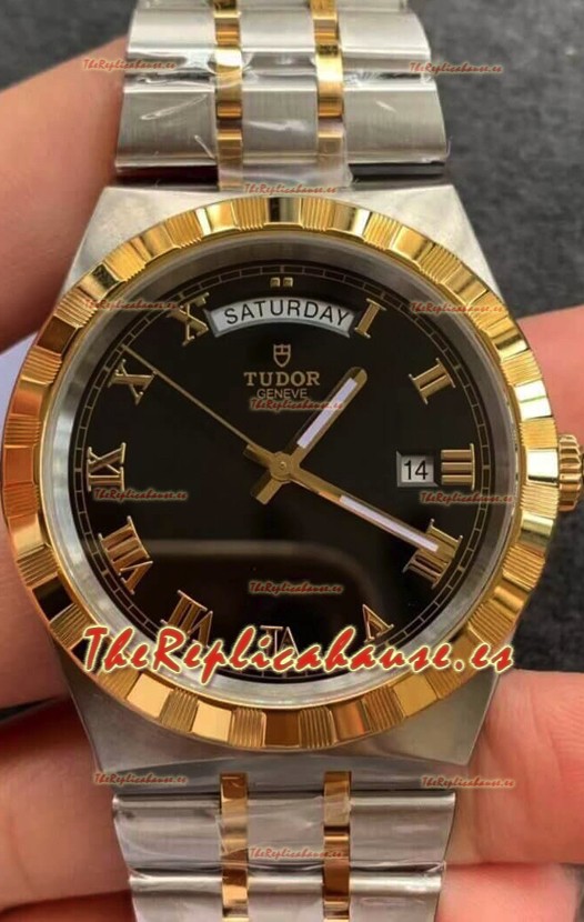 Tudor Reloj Edición Royal - Réplica Espejo 1:1 en Caja en Dos Tonos - Dial Romano Negro