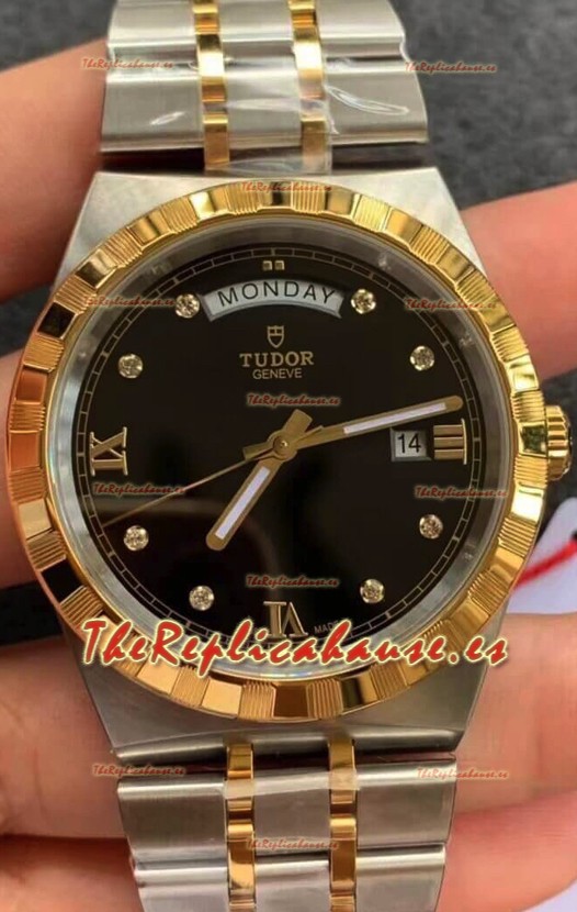 Tudor Reloj Edición Royal - Réplica Espejo 1:1 en Caja en Dos Tonos - Dial Diamantes Negro
