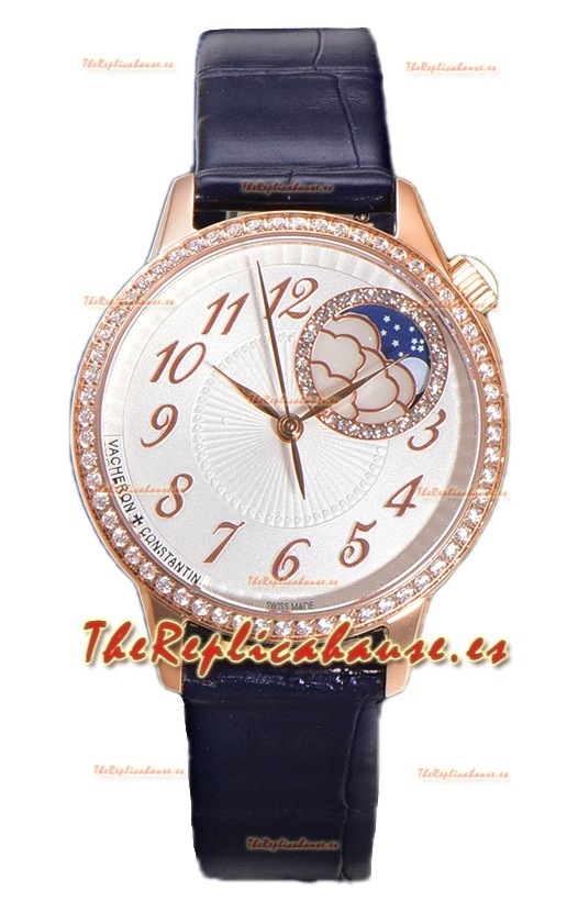 Vacheron Constantin Egerie Muse Moonphase Caja Oro Rosado en Dial Blanco Réplica Suiza