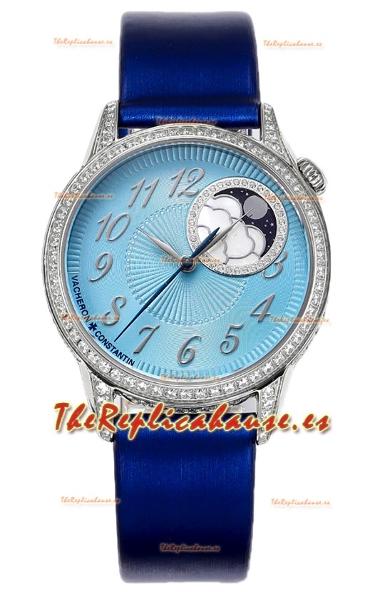Vacheron Constantin Egerie Muse Moonphase Caja Acero 904L en Dial Azul Réplica Suiza