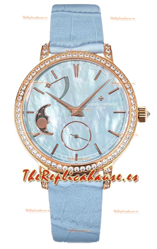 Vacheron Constantin Traditionelle Moon Phase Dial Azul Madre Perla en Oro Rosado Réplica Suiza