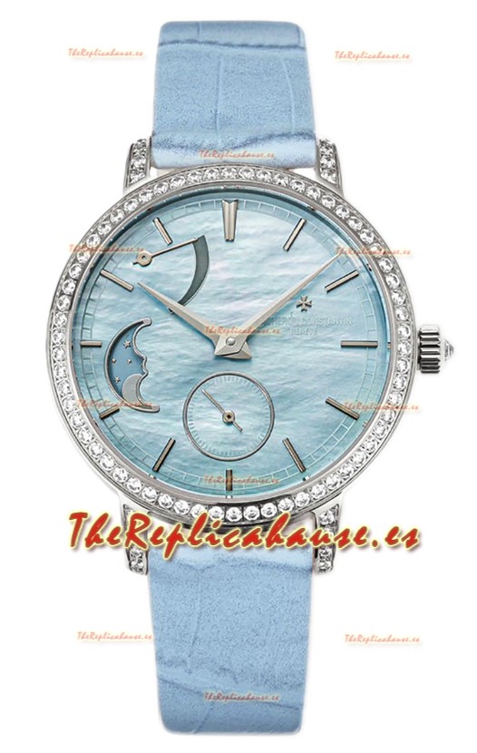 Vacheron Constantin Traditionelle Moon Phase Dial Azul Madre Perlain Steel Case Réplica Suiza