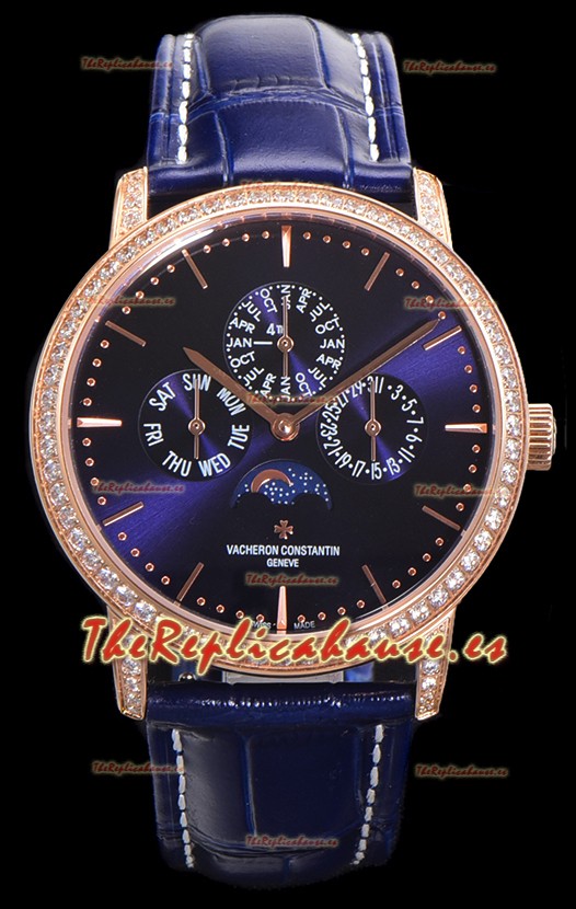 Vacheron Constantin Patrimony Perpetual Calendar Ultra-Thin Oro Rosado Dial Azul Réplica Suiza