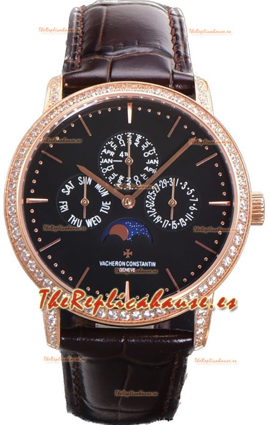 Vacheron Constantin Patrimony Perpetual Calendar Ultra-Thin Oro Rosado Dial Negro Réplica Suiza