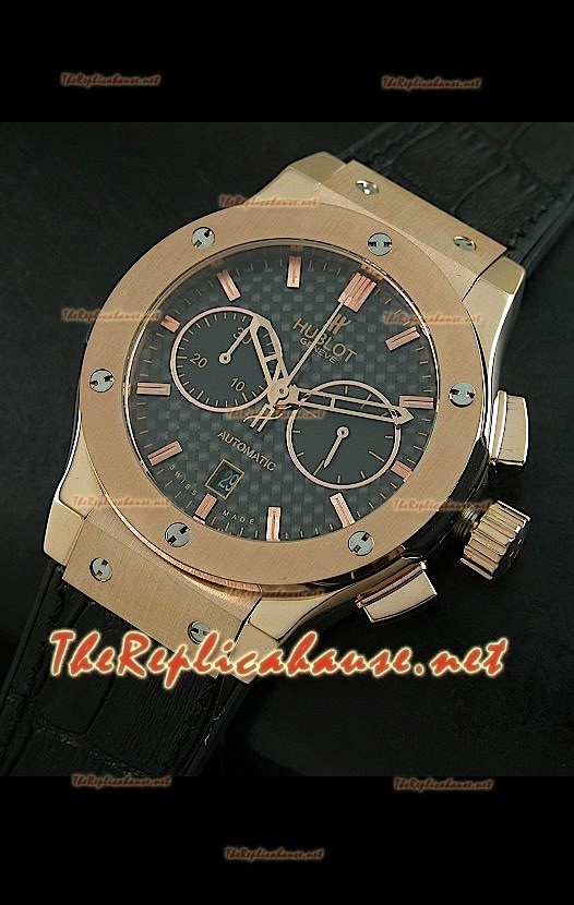 Hublot Classic Fusion Swiss Watch, esfera de carbón, estuche de oro rosado