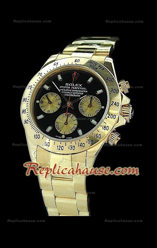 Rolex Daytona Reproducción Reloj Suizo con Esfera de color Negro y Sub-Esferas de Oro