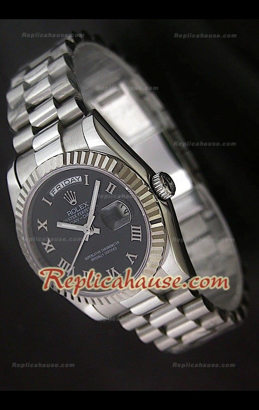 Rolex DayDate Reproducción Reloj Suizo con Esfera de color Negro Números romanos 