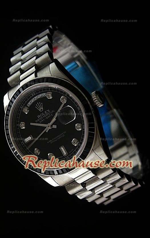 Rolex DayDate Reproducción Reloj Suizo con Esfera de color Negro - Marcadores de Hora en Diamantes