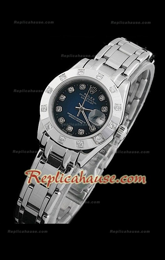 Rolex Datejust Reproducción Reloj Suizo para Señoras con Esfera Azul Oscuro y Marcadores de Hora en Diamantes