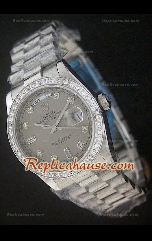 Rolex DayDateReproducción Reloj Suizo con Esfera Gris- Marcadores de Hora en Diamantes
