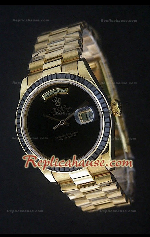 Rolex DayDate Reproducción Reloj Suizo en Oro Amarillo y Esfera de color Negro