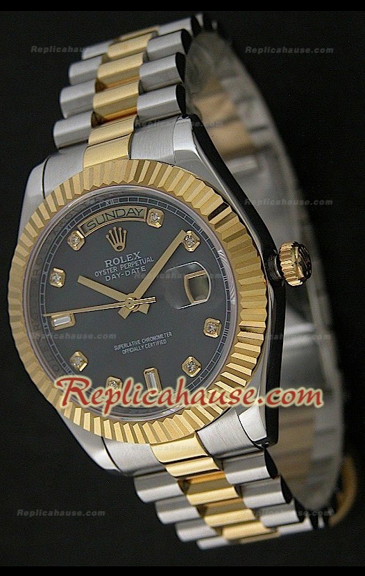 Rolex Daydate Reproducción Reloj Japonés Dos Tonos con Esfera de color Negro 