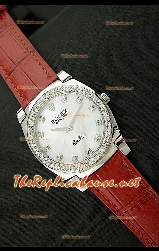 Rolex Celleni Réplica Japonesa Reloj de Cuarzo Esfera Perla, Números en Diamantes y Correa de Piel