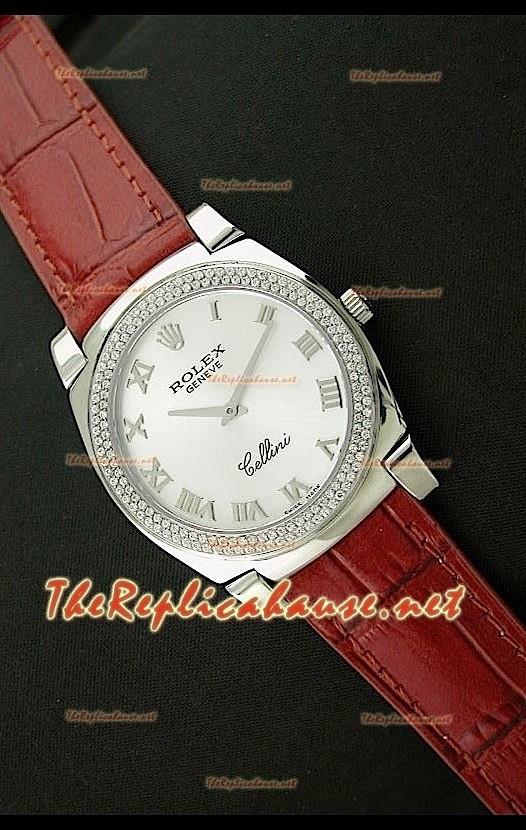 Rolex Celleni Reproducción Japonesa Esfera Romana Blanca con Bisel de Diamantes y Correa de Piel