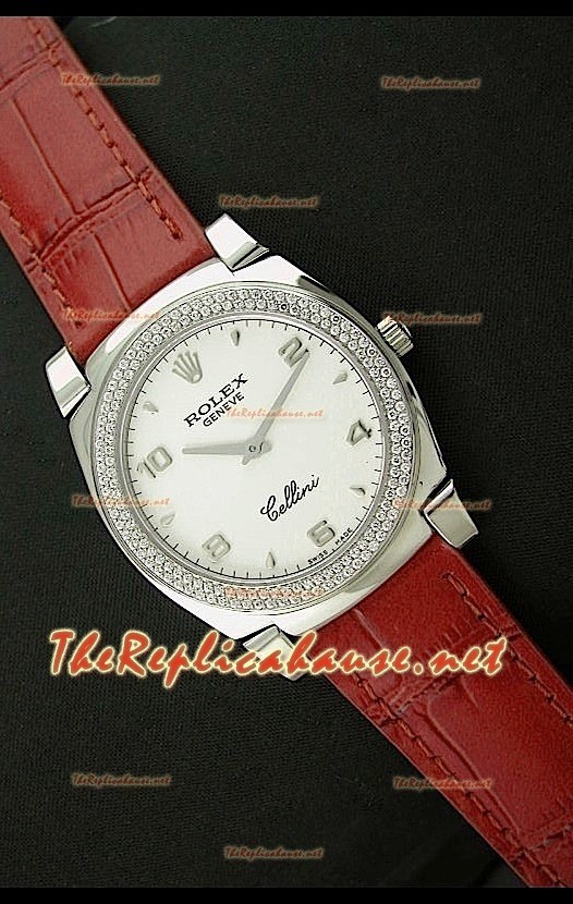 Rolex Celleni Reproducción Japonesa de Cuarzo con Esfera Blanca, Bisel de Diamantes y Correa de Piel