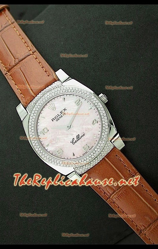 Rolex Celleni Réplica Japonesa de Cuarzo con Esfera Rosa Perla, Bisel de Diamantes y Correa de Piel