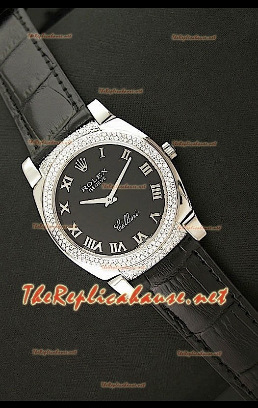 Rolex Celleni Reproducción Japonesa de Cuarzo Esfera Negra Romana, Bisel de Diamantes y Correa de Piel