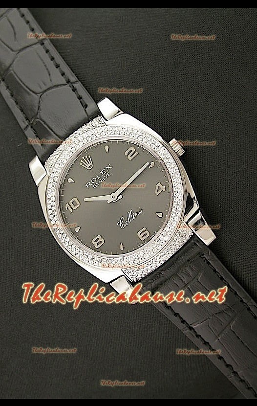 Rolex Celleni Reproducción Japonesa de Cuarzo con Esfera Negra, Diamantes en Bisel y Correa de Piel Negra
