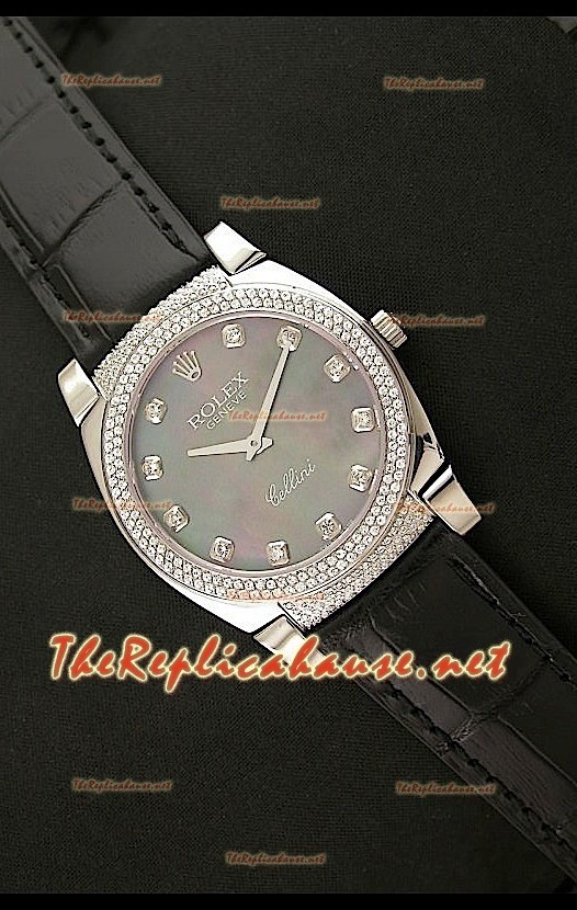 Rolex Celleni Reproducción Japonesa de Cuarzo Todo Negro y Diamantes en Esfera Perla