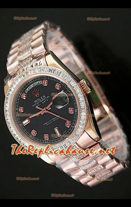 Rolex Daydate Reproducción Reloj Suizo - Reloj mediano de 37MM - Esfera de color Negro Everose