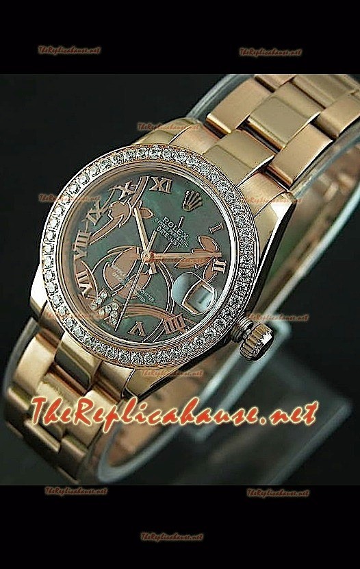 Reloj japonés Rolex Datejust para damas con estuche de 31 mm. rosa dorado. 