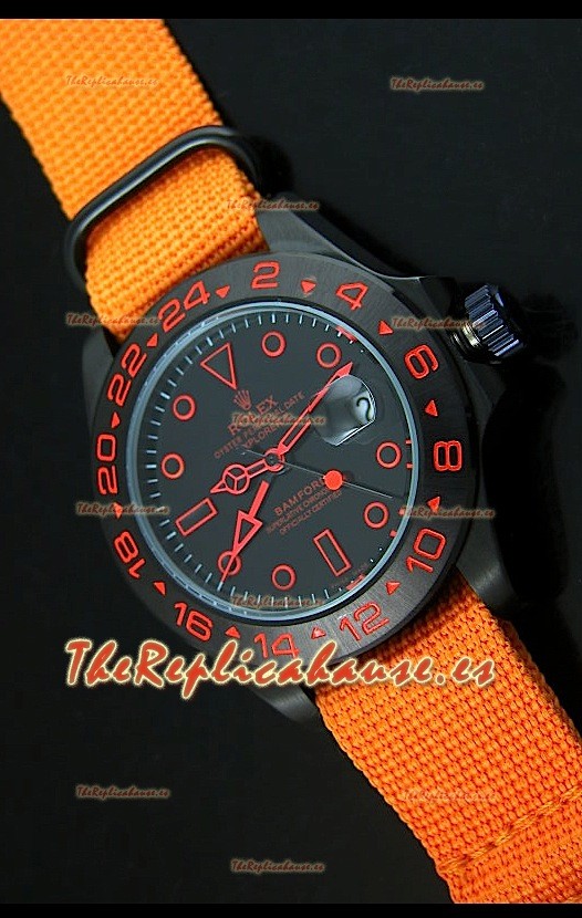 Reloj Rolex Explorer II Bamford, Réplica, Edición Stealth and Flame, Correa Azul Marino de Nylon