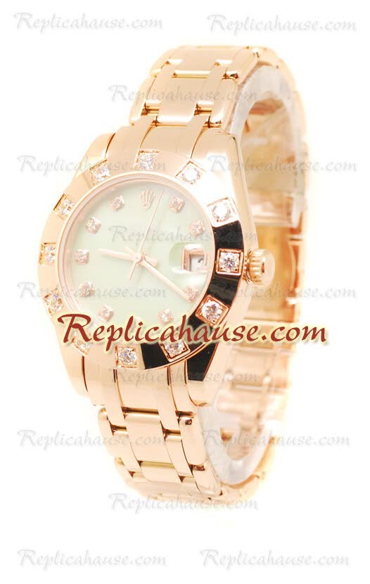 Pearlmaster Datejust Rolex Reloj Japonés en Oro Rosa y Dial verde perlado - 34MM