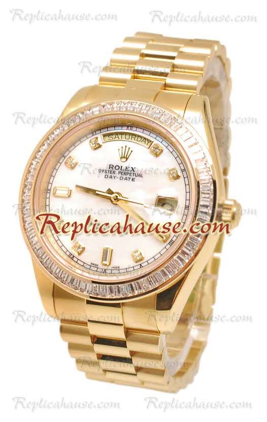 Rolex Day Date II Dial Blanco Gold Reloj Bisel de diamantes in 43MM