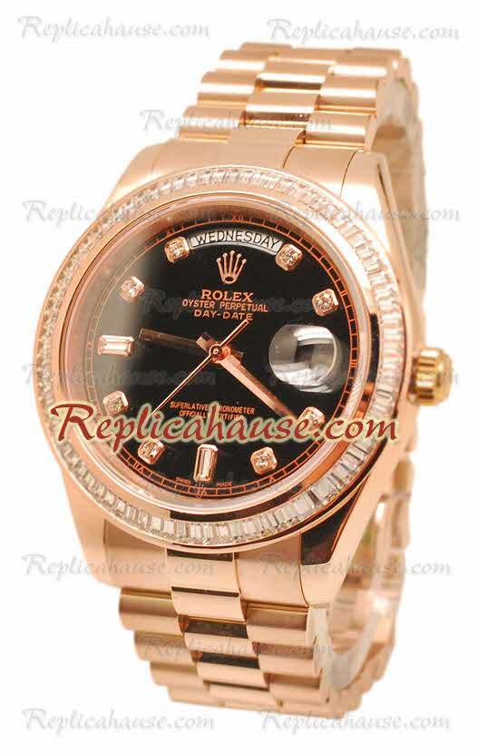 Rolex Day Date II Dial Negro Rose Gold Reloj Bisel de diamantes in 43MM