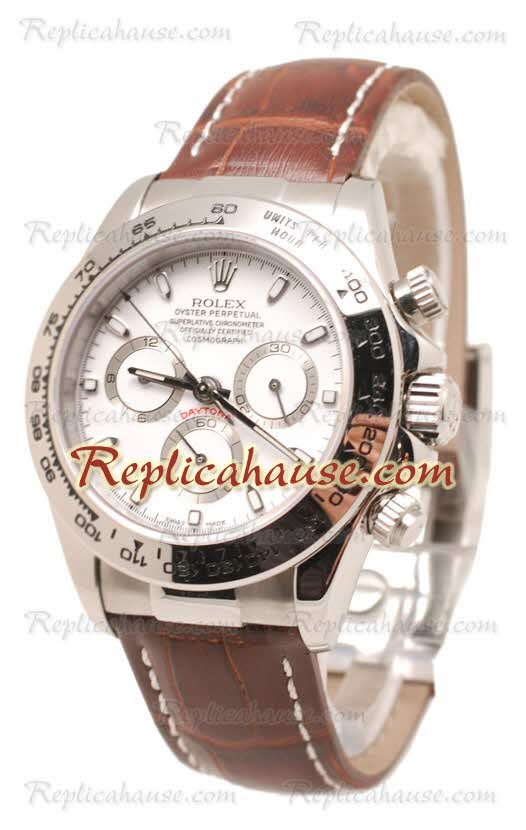 Rolex Daytona Cuero Suizo Reloj cen el dial Blanco y Brown Correa de cuero