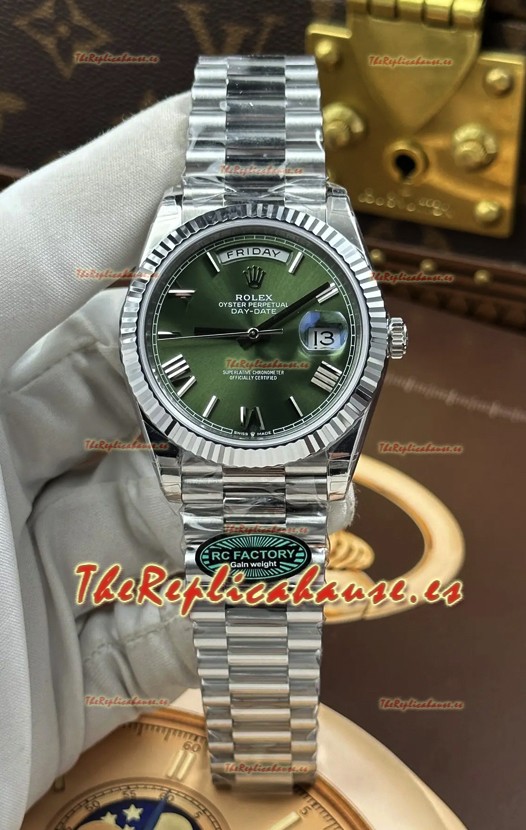 Reloj Rolex Day Date 228236 de acero inoxidable con esfera verde y números romanos, réplica de alta calidad