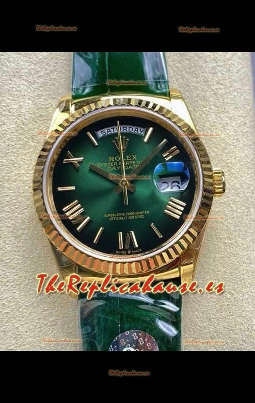 Reloj Rolex Day Date 128238 de oro amarillo con esfera verde degradada y números romanos, réplica de alta calidad
