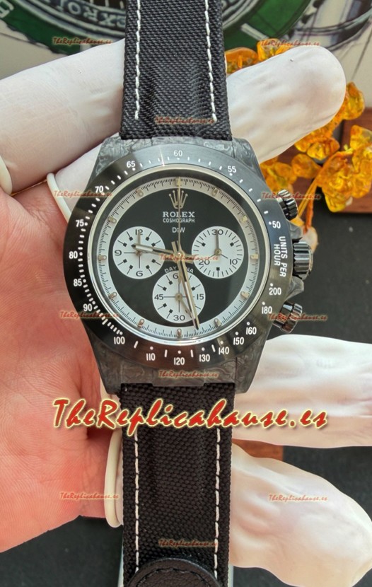 Reloj Rolex Daytona DiW con esfera Paul Newman de fibra de carbono negra, réplica exacta de unReloj Rolex Daytona DiW