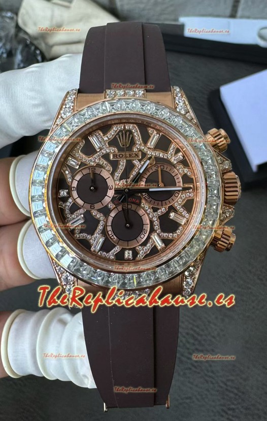 Reloj Rolex Daytona 126555TBR Jirafa Oro Rosa Esfera Marrón Castaño Moissanita Superclon