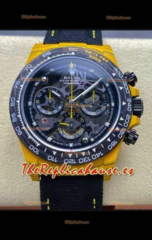 Reloj Rolex Daytona amarillo con caja TPT, esfera esqueletizada y correa de nailon, réplica de alta calidad