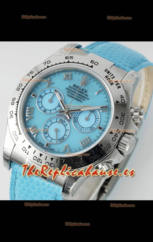 Reloj Rolex Daytona 116519 de acero inoxidable con correa de cuero azul perlado, réplica de alta calidad