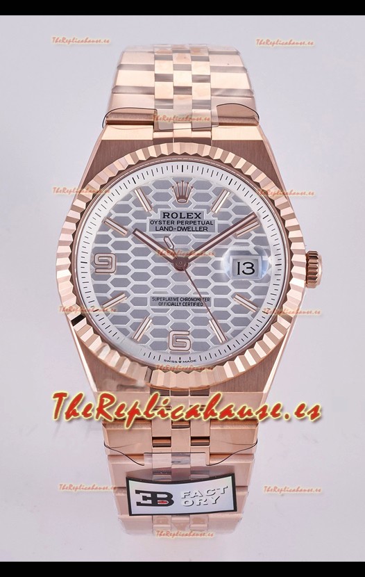 Reloj Rolex Land-Dweller 127336 de acero con esfera tipo panal y oro rosa de 40 mm, superclon
