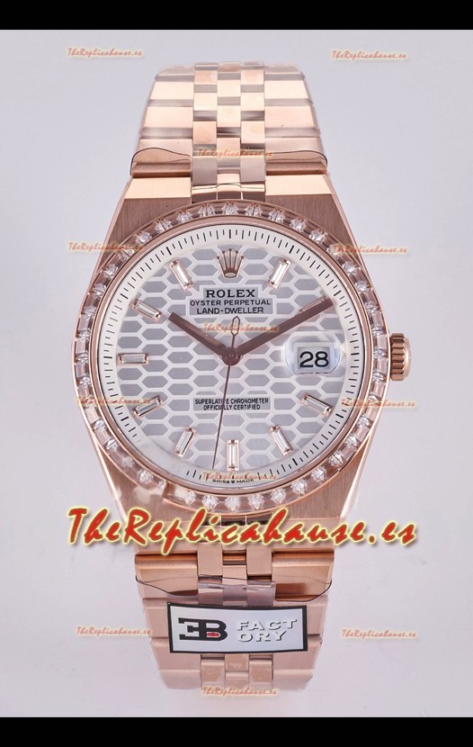 Reloj Rolex Land-Dweller 127336 de acero con esfera tipo panal, diamantes y oro rosa de 40 mm, réplica de alta calidad