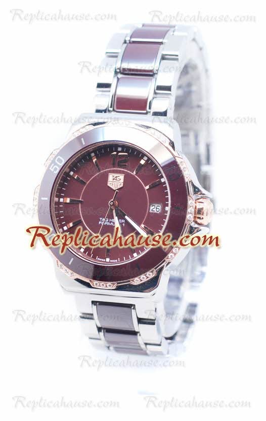Tag Heuer Formula 1 Quartz Brown Ceramic Rose Bisel en oro con diamantes Reloj