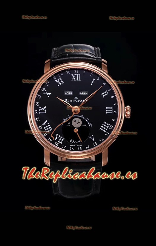 Blancpain "Villeret Quantième Complet" Reloj de Acero 904L en Oro Rosado Dial Negro