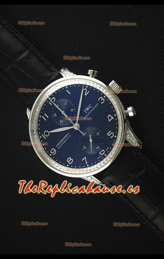 IWC Portuguese Reloj Replica Cronógrafo a Espejo 1:1 Dial y Correa color Negro con Diamantes