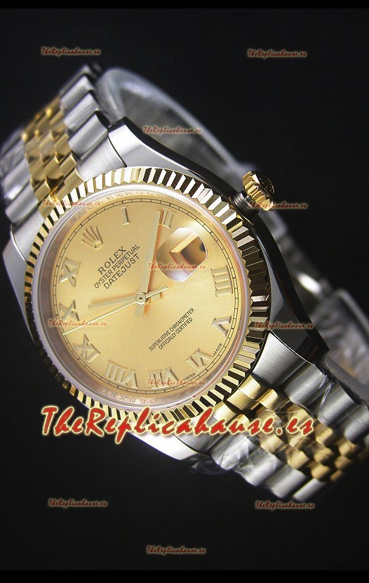 Rolex Datejust Reloj Replica en Oro, Dial con Numeros Romanos, 36MM con Movimiento Suizo 3135