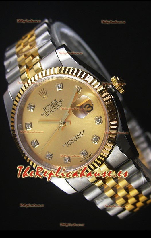 Rolex Datejust Reloj Replica en Oro, Dial con Diamantes, 36MM con Movimiento Suizo 3135