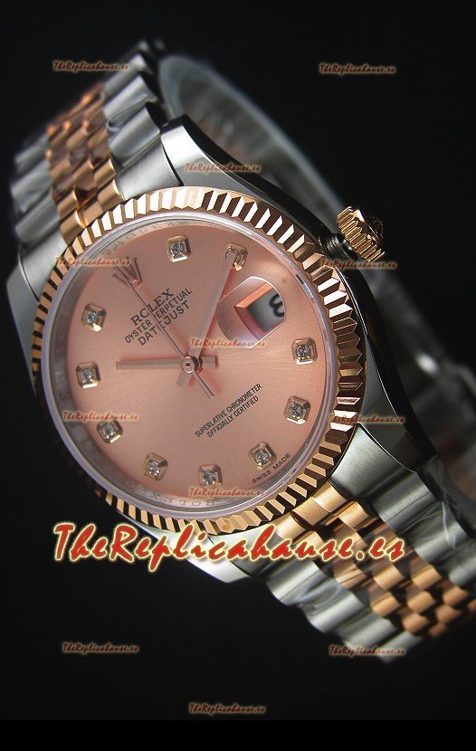 Rolex Datejust Reloj Replica en Oro Rosado, Dial con Diamantes, 36MM con Movimiento Suizo 3135