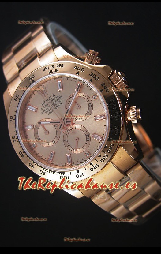 Rolex Daytona Rose Gold Casing with Baguette Diamonds Markers Swiss Replica Watch