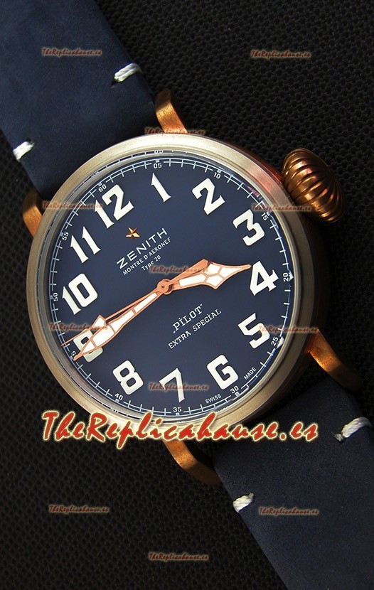 Zenith Pilot Type 20 Extra Special Vintage Style Dial Azul Reloj Réplica Suizo a Espejo 1:1